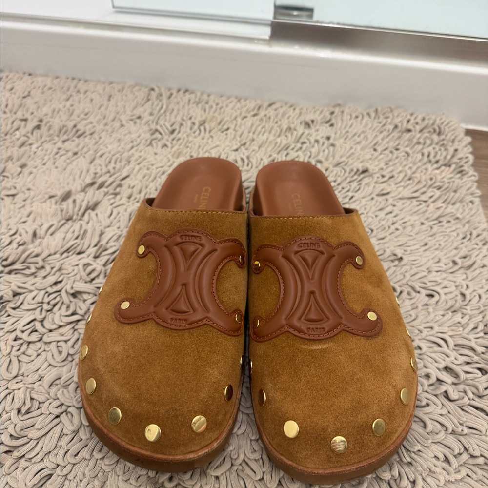 Celine Brown Suede Slip-On Mules with Gold Accents